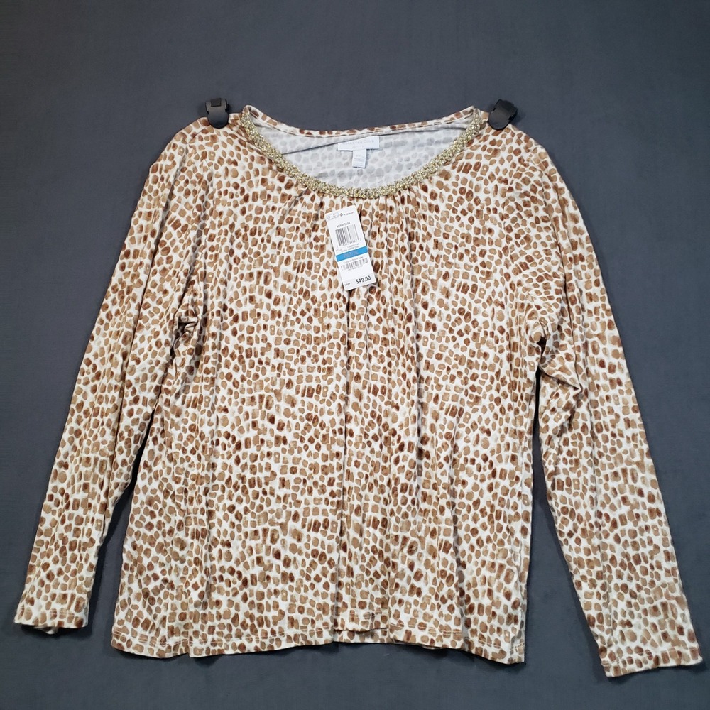 Charter Club Top Womens PXL Brown Animal Print Beaded‎ Neck Long Sleeve NEW